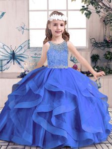 Affordable Beading and Ruffles Little Girl Pageant Dress Blue Lace Up Sleeveless Floor Length