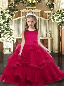 Custom Fit Sleeveless Floor Length Ruffled Layers Lace Up Little Girls Pageant Dress with Red