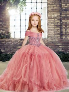 Excellent Watermelon Red Pageant Gowns For Girls Party and Wedding Party with Beading Straps Sleeveless Lace Up
