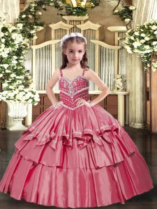 Enchanting Red Ball Gowns Straps Sleeveless Taffeta Floor Length Lace Up Beading Little Girl Pageant Gowns