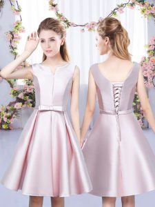 Low Price V-neck Sleeveless Bridesmaid Dress Mini Length Bowknot Baby Pink Satin