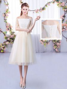 Fitting Ankle Length Champagne Wedding Party Dress Tulle Half Sleeves Lace