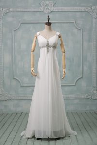 White Empire Straps Sleeveless Chiffon Brush Train Lace Up Beading Wedding Gown