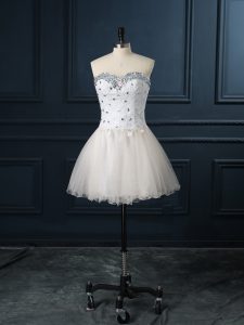Modest Champagne Ball Gowns Beading and Lace Wedding Dress Lace Up Organza Sleeveless Mini Length