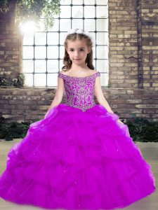 Purple Lace Up Kids Pageant Dress Beading and Ruffles Sleeveless Floor Length