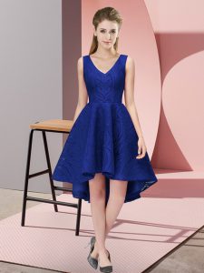 Royal Blue A-line Lace V-neck Sleeveless Lace High Low Zipper Bridesmaid Dress