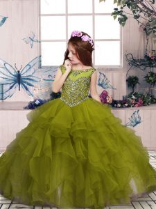 Scoop Sleeveless Little Girls Pageant Dress Wholesale Floor Length Beading and Ruffles Olive Green Organza