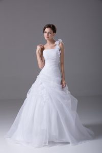 White One Shoulder Lace Up Hand Made Flower Wedding Dresses Brush Train Sleeveless