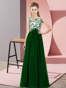 Dark Green Empire Chiffon Scoop Sleeveless Beading and Appliques Floor Length Zipper Bridesmaid Gown