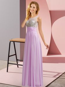 Sleeveless Chiffon Floor Length Side Zipper Bridesmaid Gown in Lavender with Beading