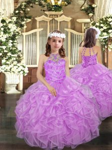 Lilac Ball Gowns Organza Halter Top Sleeveless Beading and Ruffles Floor Length Lace Up Kids Formal Wear
