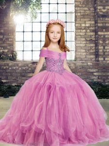 New Arrival Floor Length Lilac Kids Formal Wear Tulle Sleeveless Beading