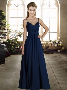 Stylish Royal Blue Empire Chiffon Spaghetti Straps Sleeveless Ruching Floor Length Zipper Wedding Guest Dresses