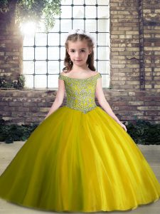 Sleeveless Tulle Floor Length Lace Up Kids Formal Wear in Olive Green with Beading