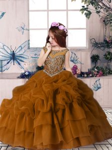 Exquisite Brown Sleeveless Beading and Pick Ups Floor Length Girls Pageant Dresses