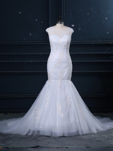 Hot Selling Tulle Sleeveless Wedding Gowns Brush Train and Lace
