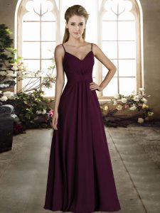High End Dark Purple Chiffon Zipper Spaghetti Straps Sleeveless Floor Length Bridesmaids Dress Ruching