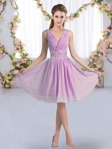 Chic Sleeveless Chiffon Knee Length Zipper Bridesmaid Dress in Lavender with Beading