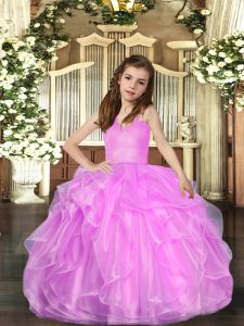 Floor Length Lace Up Little Girls Pageant Dress Wholesale Lilac for Party and Sweet 16 and Wedding Party with Ruffled La