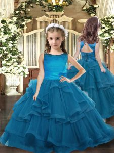 Unique Ruffled Layers Little Girl Pageant Gowns Teal Lace Up Sleeveless Floor Length