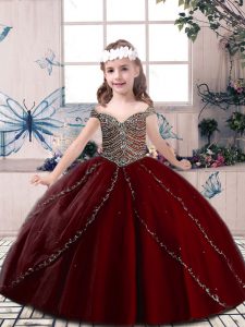 Wine Red Tulle Lace Up Spaghetti Straps Sleeveless Floor Length Girls Pageant Dresses Beading