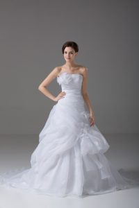 Dramatic White Wedding Gowns Wedding Party with Pick Ups and Hand Made Flower Strapless Sleeveless Brush Train Lace Up