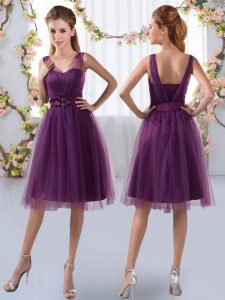 Artistic Purple Tulle Zipper V-neck Sleeveless Knee Length Wedding Guest Dresses Appliques