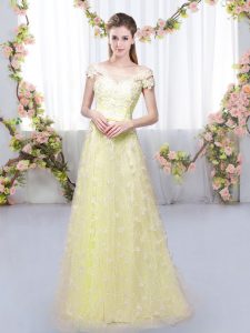 Admirable Off The Shoulder Cap Sleeves Dama Dress for Quinceanera Floor Length Appliques Light Yellow Tulle