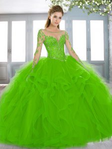 Discount Green 15th Birthday Dress Tulle Sweep Train Long Sleeves Beading and Lace