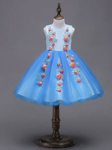 Charming Mini Length Blue Flower Girl Dress Tulle Sleeveless Hand Made Flower