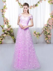 Most Popular Lilac Lace Up Bridesmaid Dresses Appliques Cap Sleeves Floor Length