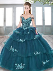 Customized Spaghetti Straps Sleeveless Tulle Sweet 16 Quinceanera Dress Embroidery Lace Up