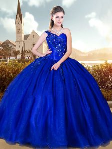 Modern Royal Blue Lace Up One Shoulder Sleeveless Floor Length 15 Quinceanera Dress Beading and Appliques