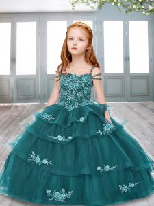 Trendy Floor Length Teal Little Girl Pageant Gowns Tulle Sleeveless Appliques