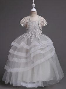 Grey Ball Gowns Tulle Spaghetti Straps Sleeveless Appliques and Ruffled Layers Floor Length Zipper Flower Girl Dresses