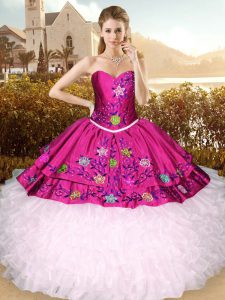 Dazzling Baby Pink and Fuchsia Ball Gowns Organza Sweetheart Sleeveless Embroidery and Ruffles Floor Length Lace Up Quin