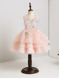 Most Popular Mini Length Pink Toddler Flower Girl Dress Tulle Sleeveless Appliques
