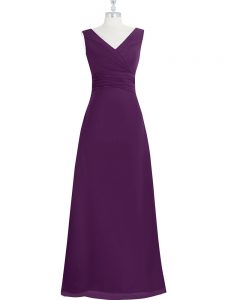 Unique Eggplant Purple Chiffon Zipper V-neck Sleeveless Floor Length Prom Party Dress Ruching