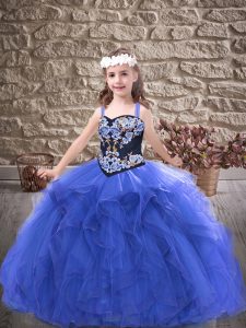 Great Royal Blue Straps Neckline Embroidery and Ruffles Child Pageant Dress Sleeveless Lace Up