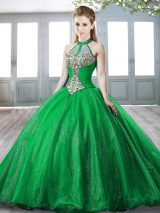 Edgy Green Lace Up Sweet 16 Quinceanera Dress Beading Sleeveless Sweep Train