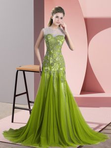 Olive Green Tulle Backless Evening Dress Sleeveless Sweep Train Beading and Appliques