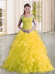 Luxury Off The Shoulder Sleeveless Organza Quince Ball Gowns Beading and Lace and Ruffles Sweep Train Lace Up