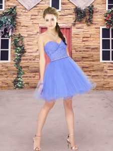 Fashion Sweetheart Sleeveless Wedding Party Dress Mini Length Beading and Lace Blue Tulle
