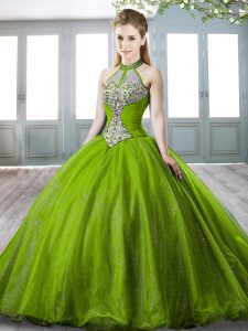 Amazing Ball Gowns Halter Top Sleeveless Organza Sweep Train Lace Up Beading Sweet 16 Dresses