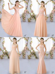 Peach Empire Chiffon Scoop Sleeveless Lace Floor Length Lace Up Wedding Party Dress