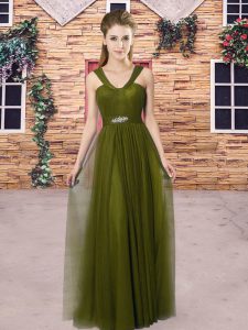 Delicate Sleeveless Tulle Floor Length Zipper Wedding Party Dress in Olive Green with Ruching