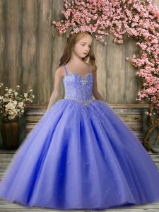 Best Floor Length Ball Gowns Sleeveless Lavender Child Pageant Dress Lace Up