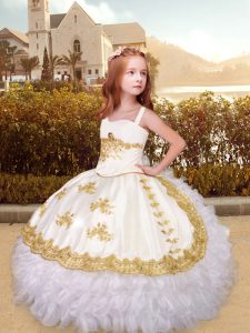 Nice White Sleeveless Beading and Appliques and Ruffled Layers Floor Length Pageant Gowns For Girls