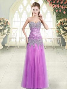 High Quality Lilac Column/Sheath Tulle Sweetheart Sleeveless Beading Floor Length Zipper Evening Dress