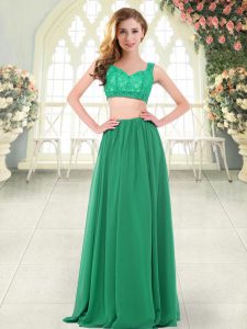 Green Sleeveless Floor Length Beading and Lace Zipper Prom Dress